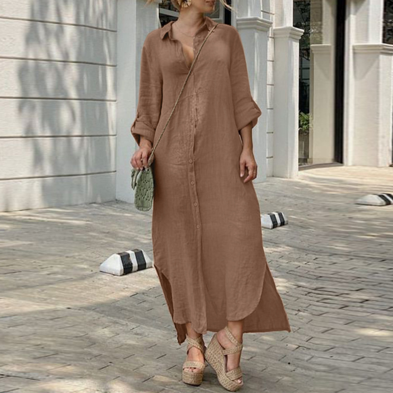 Damen Langarm Kleid Aus Leinen Und Baumwolle Mit Knopfleiste_voghion.com