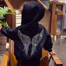 童装新款宽松烫钻开衫儿童网红翅膀上衣休闲连帽卫衣女童韩版外套