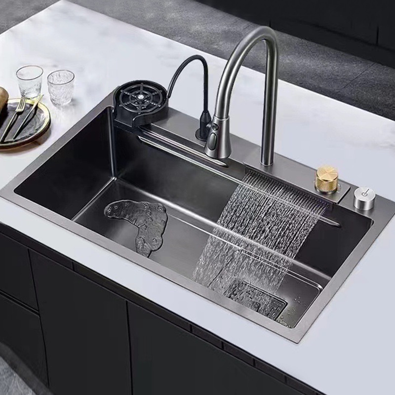 Full configuration 304 stainless steel sink kitchen dish washing basin thickened waterfall faucet integrated wind dish washing basin thick