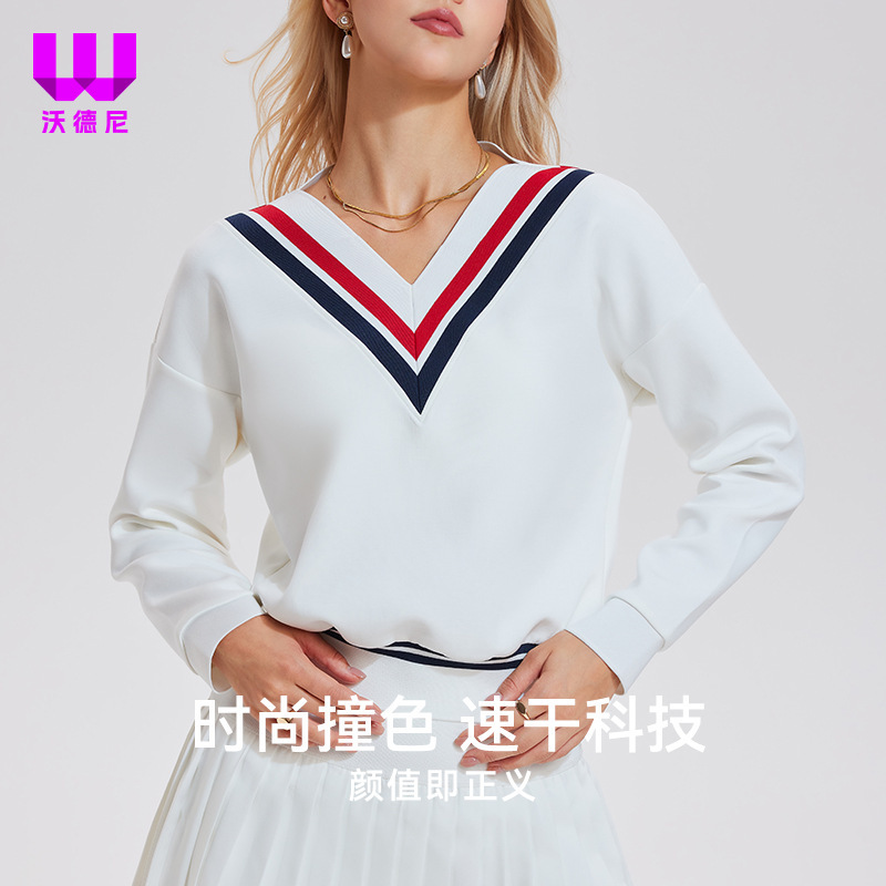 Autumn and Winter Sports Long-Sleeved Tops, Women's Tennis Wear, Large V-Neck Sweatshirts, Fashionable Loose Casual Tops, Contrasting Color Jackets