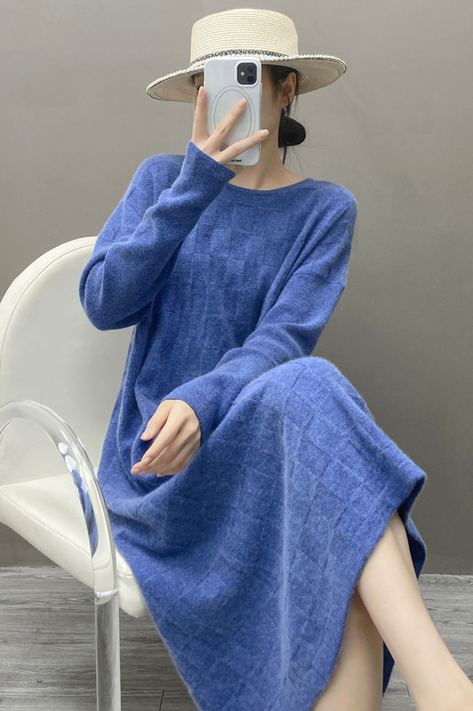 新款秋冬山羊绒裙子女圆领毛衣连衣裙麻花纹直筒中长款羊绒打底衫|undefined