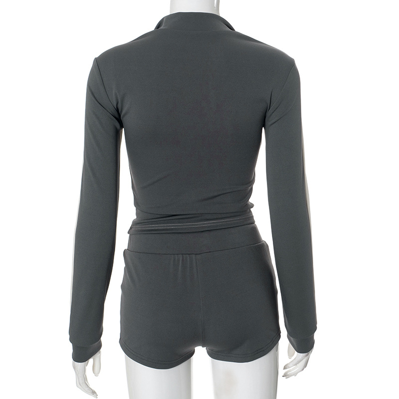 Women Clothing Autumn Sports Tight Hooded Long Sleeve Super Short Shorts Casual Suit