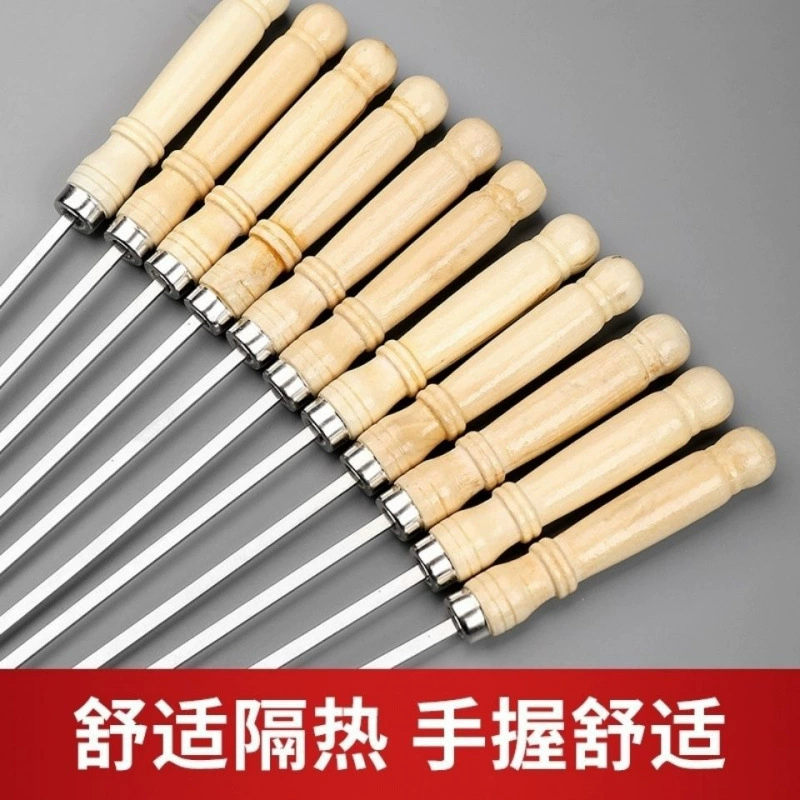 Плоские шампуры из нержавеющей стали 304 с деревянной ручкой, круглые шампуры с большой деревянной ручкой, бытовые утолщенные шампуры для баранины, иглы для барбекю, инструменты для гриля