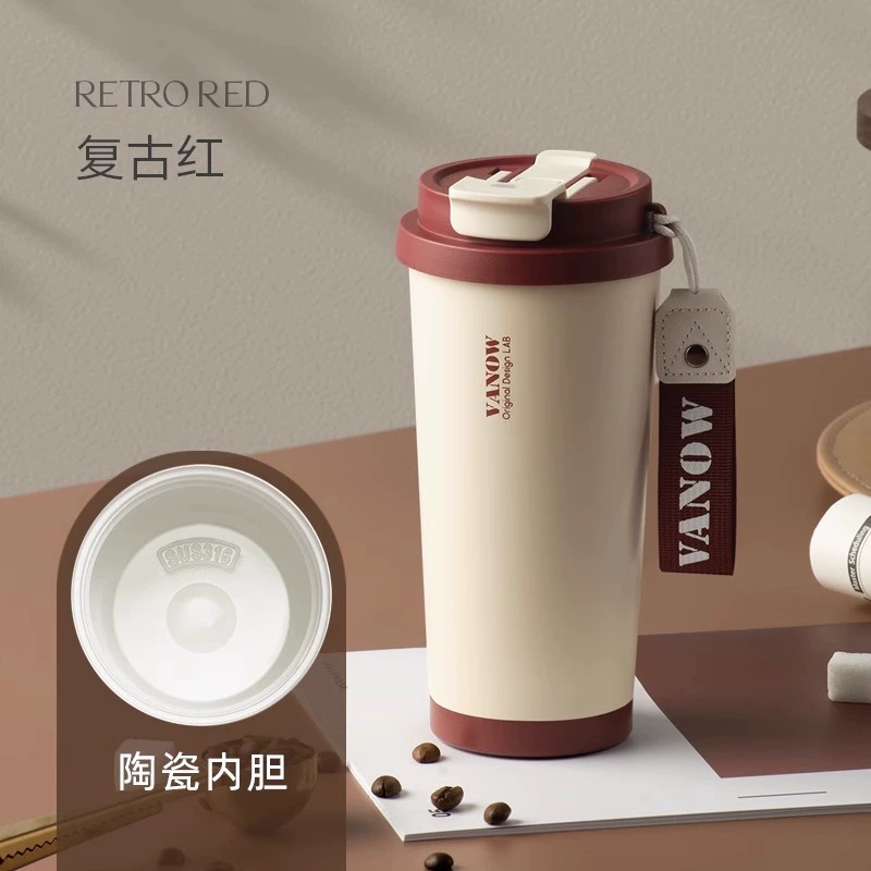 British vanow taza de café taza de vacío de alta apariencia de la muchacha revestimiento de cerámica de acero inoxidable portátil de paja taza de agua