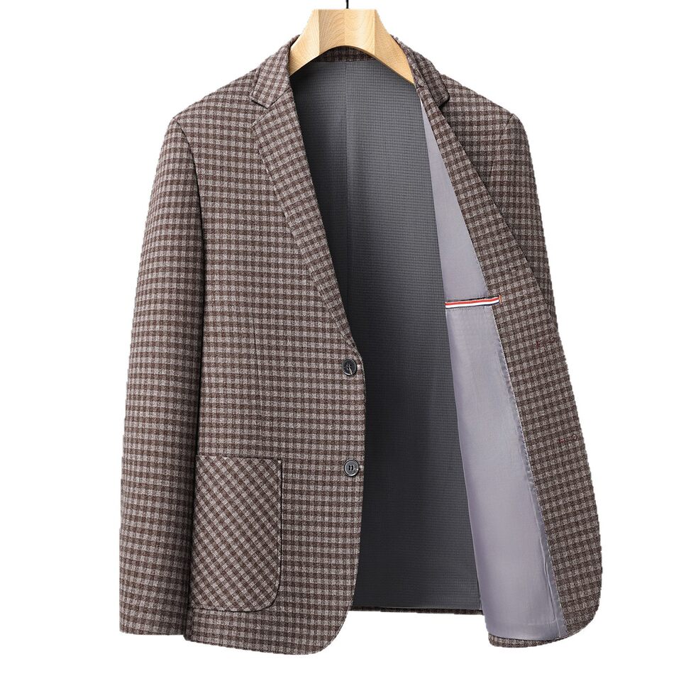 Áo vest nam họa tiết kẻ ô dáng ôm, cổ vest một hàng hai cúc, tay dài, chất liệu co giãn chống nhăn — Bóng, Kẻ sọc xanh xám
