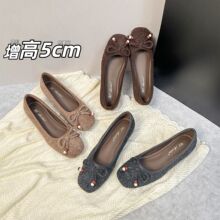 羊皮版~内增高5CM蝴蝶结平底玛丽珍鞋女2025新款圆头绒面浅口单鞋