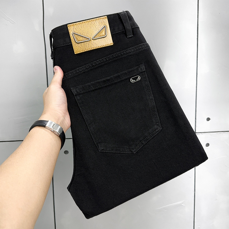 Loose Black High-End Straight-Leg Jeans for Men, Summer Wide-Leg Pants, European Trendy Casual Long Pants, Little Monster