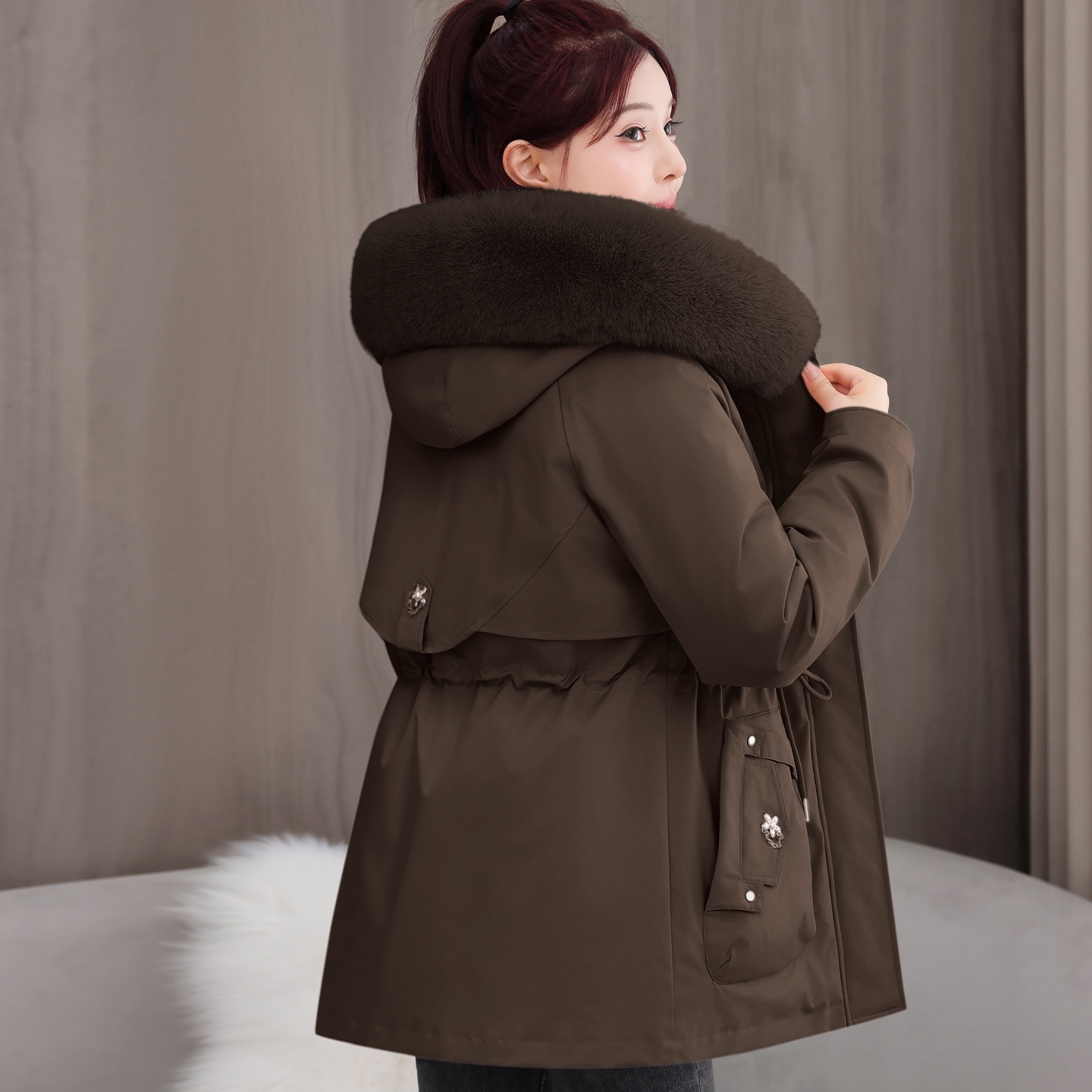 American Style Three Wear Over Peak desmontable ropa de algodón de invierno de mujeres cuello de cabello coreano medio largo chaqueta de algodón gruesa suelta image 9