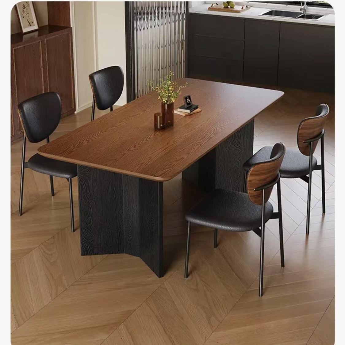 Mesa y silla de comedor de tablero de roca de grano de madera maciza retro, hogar moderno y simple, mesa de comedor de tablero de roca de viento minimalista rectangular de apartamento pequeño