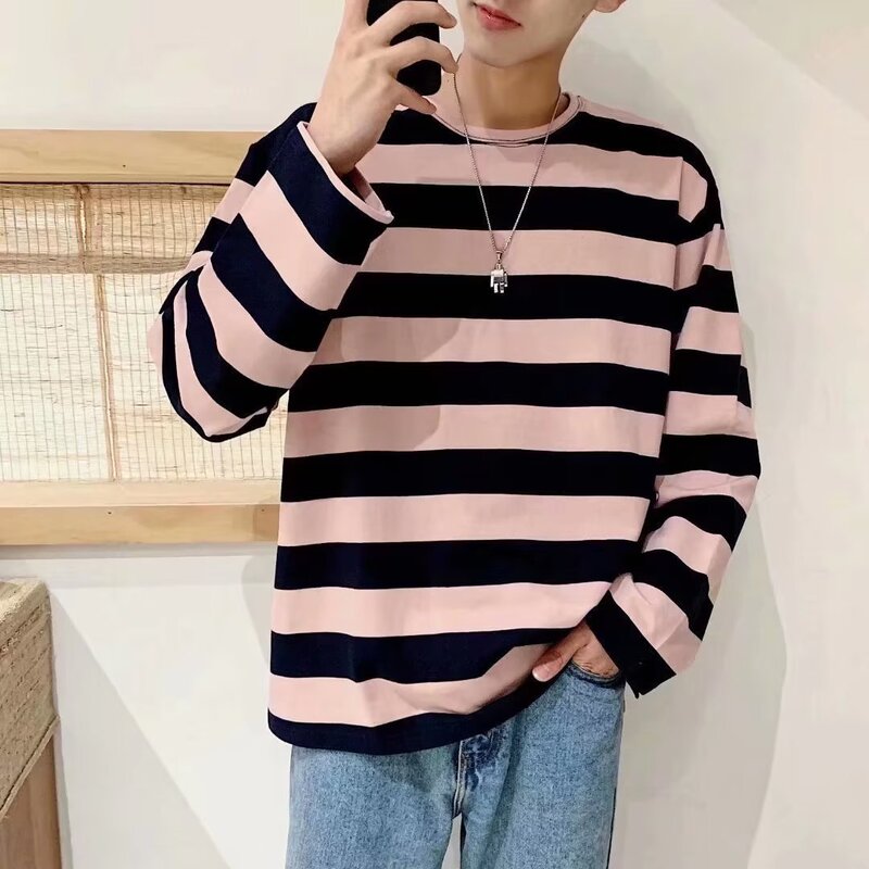 Striped Long-sleeved T-shirt Men's Spring and Autumn Thin Boyfriend Style Inner Round Neck Top High-end Retro Base Shirt