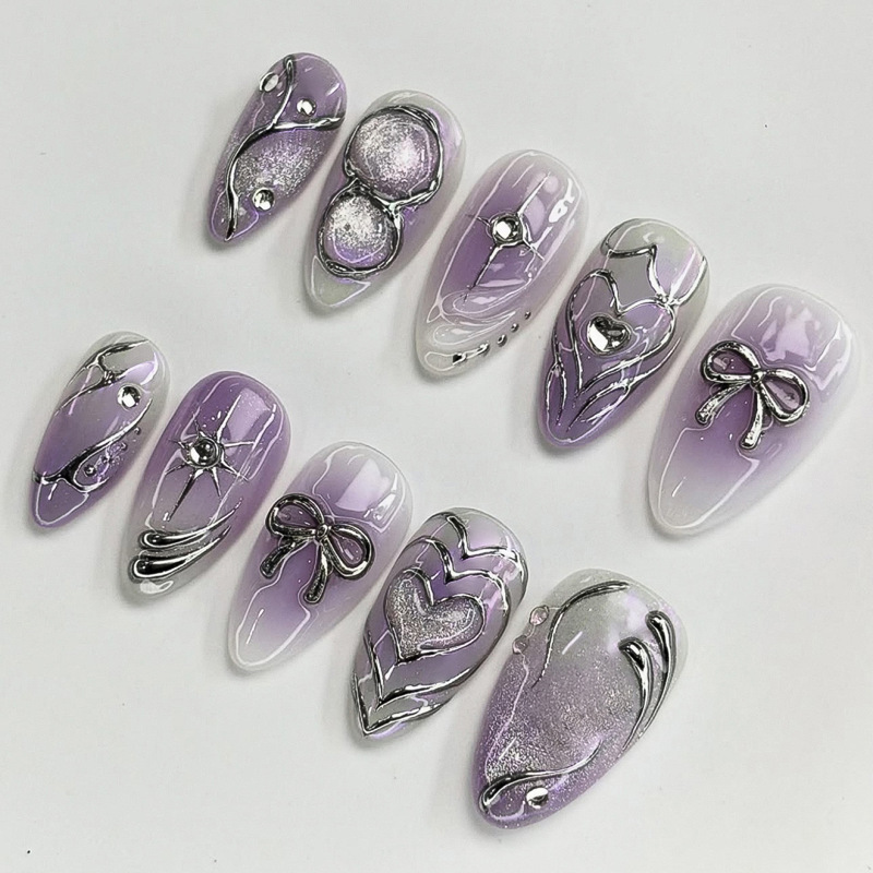 Y2K Purple Smudged Manicure Nails European and American Hot-Selling Cat-Eye Wearable Nails Silver Bow Almond-Shaped Nails