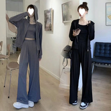 胖妹妹显瘦遮肉套装女秋装大码时尚休闲运动连帽卫衣阔腿裤三件套