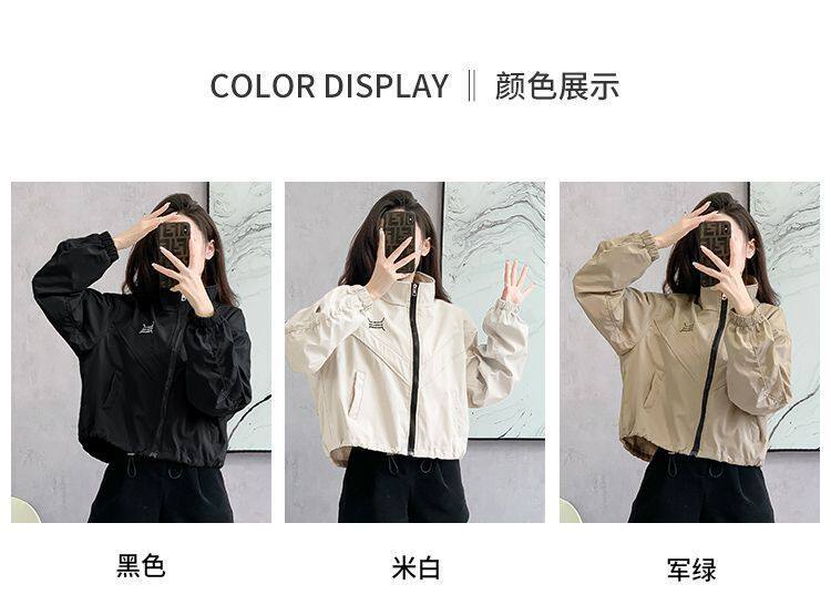 Áo khoác nữ dáng ngắn chiết eo cổ đứng khóa kéo phong cách casual — Màu lúa mì, Màu trắng ngà, màu đen chi tiết 9