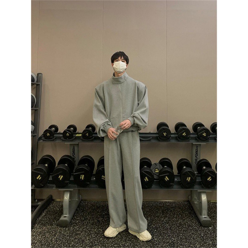 001 Korean Style Trendy Casual Loose Padded Shoulder Sweatshirt Spring Autumn Simple Sports Outerwear Men's Pants Ins_voghion.com
