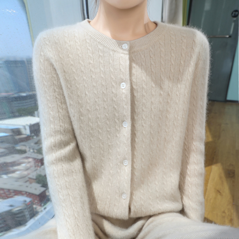 Demi-season velvet cardigan with a round collar