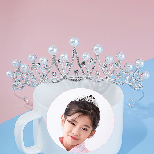 Children's Birthday Crown Alloy Pearl Crown Headwear Bridal Wedding Dress Hairband Dinner Performance Tiara