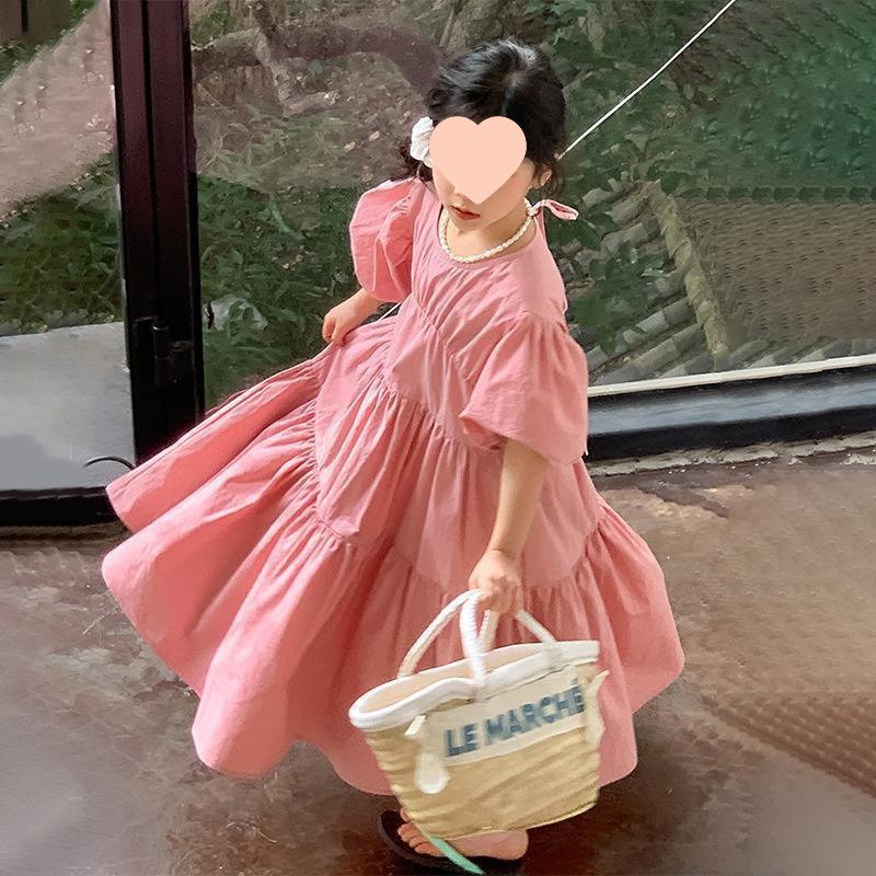 Girls Puff Sleeve Dress Summer 2024 New Children's Skirt Short Sleeve Girls Sweet Puffy Princess Dress Trendy