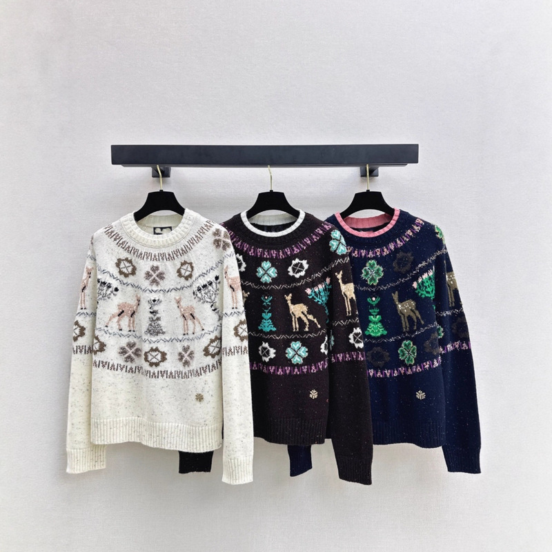 25 Autumn and Winter Christmas Atmosphere Fair Isle Hook Pattern Round Neck Silhouette Age-Reducing Double-Layer Collar Literary Ski Series Sweater