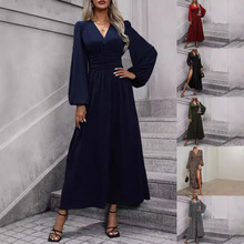 秋冬新款女士灯笼袖打揽高开叉连衣裙黑色藏青色酒红色军绿色豹纹