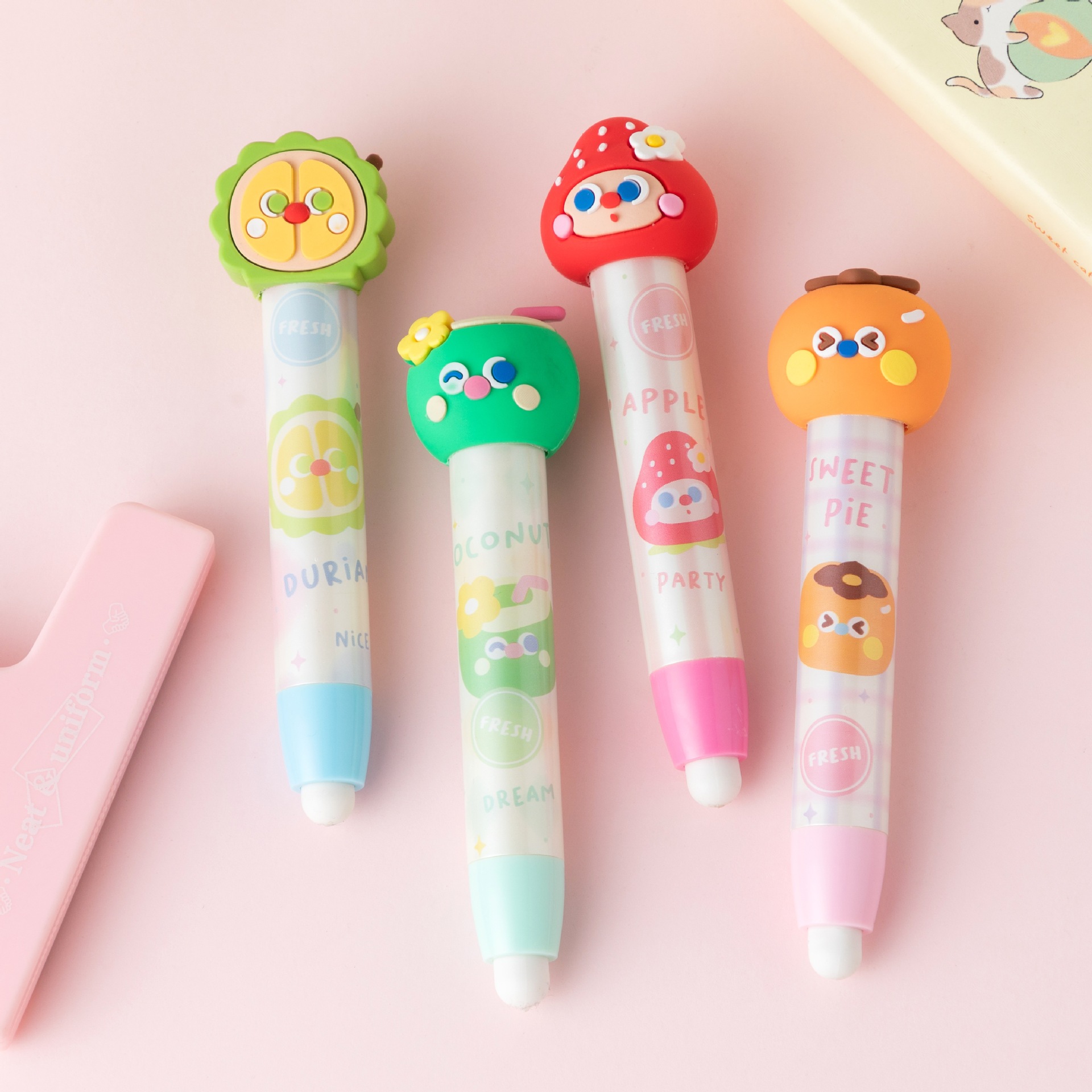 Anillo de frutas de dibujos animados creativos para niños, borrador de prensa, especial para estudiantes de primaria, sin caspa, limpio, sin dejar marcas