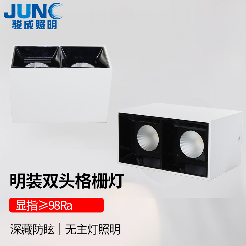家用免开孔COB防眩方形射灯 极简客厅卧室衣帽间明装双头格栅灯