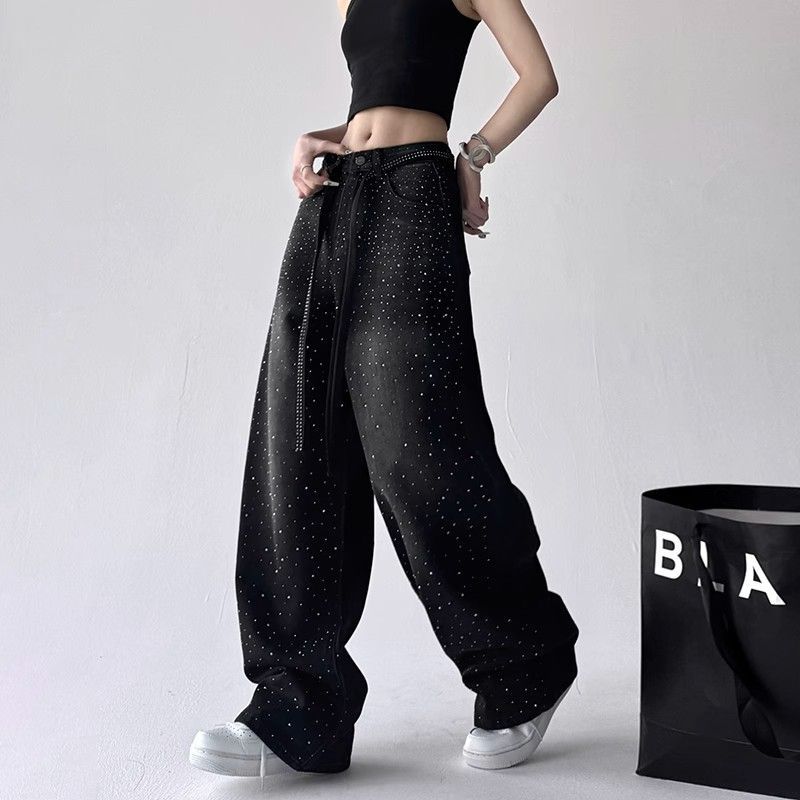 ​​Glam Distressed Wide-Leg Jeans For Women – Dark Gray Star & Diamond Embellished Denim Pants (S-2XL)​​_mkmklike.com