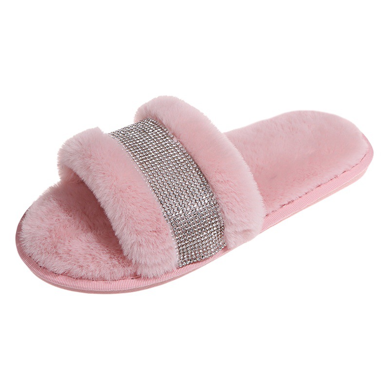 Nueva versión coreana de zapatillas de lana con tiras de diamantes de imitación, zapatillas de algodón cálidas antideslizantes para el hogar para mujeres, suministro directo de fábrica transfronterizo