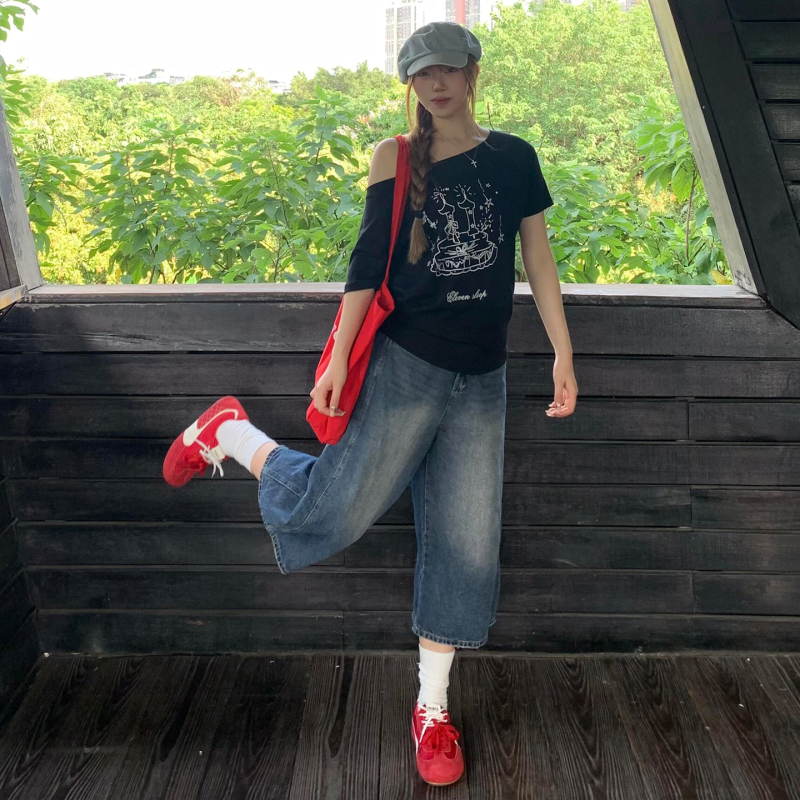 美式复古深迪蓝阔腿七分牛仔裤女夏季高腰宽松小个子直筒水洗中裤|undefined