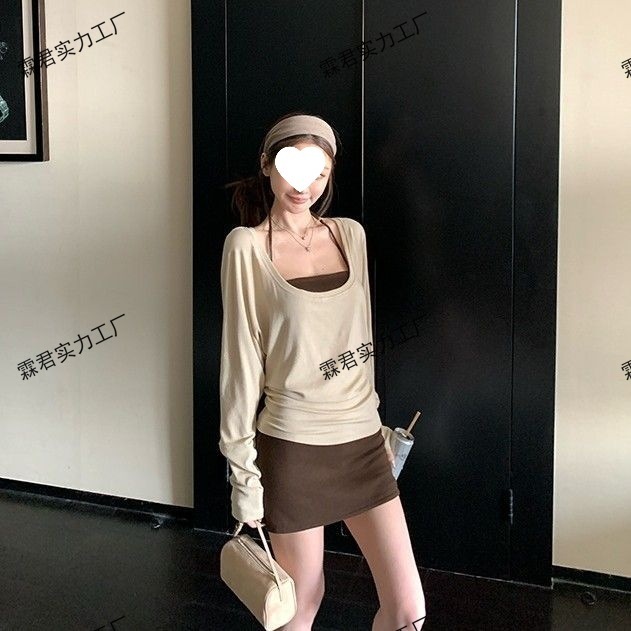 纯欲套装秋季新款百搭长袖T恤内搭吊带背心女包臀半身裙三件套女|undefined
