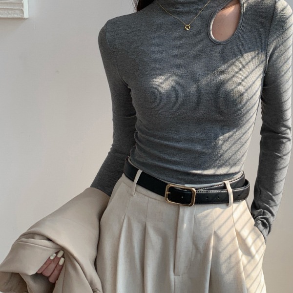 Half-Turtleneck Base Layer Shirt for Women, Suitable for Autumn and Winter 2025, Stylish Cotton Hollow-Out Long-Sleeve Slim-Fit Top