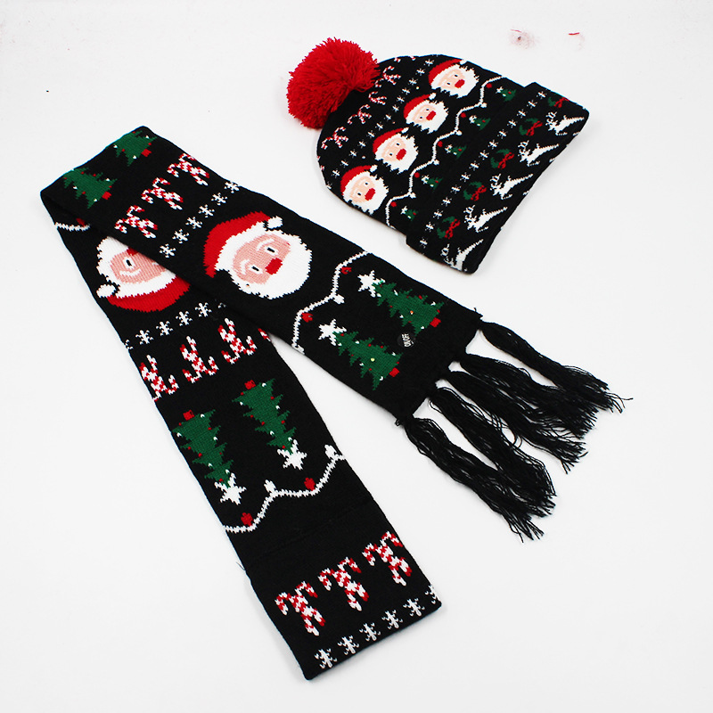 Fabricante transfronterizo de gorros navideños europeos y americanos tejidos en jacquard, gorros navideños de lana con luces LED, gorros navideños con pompón y bufandas. image 61