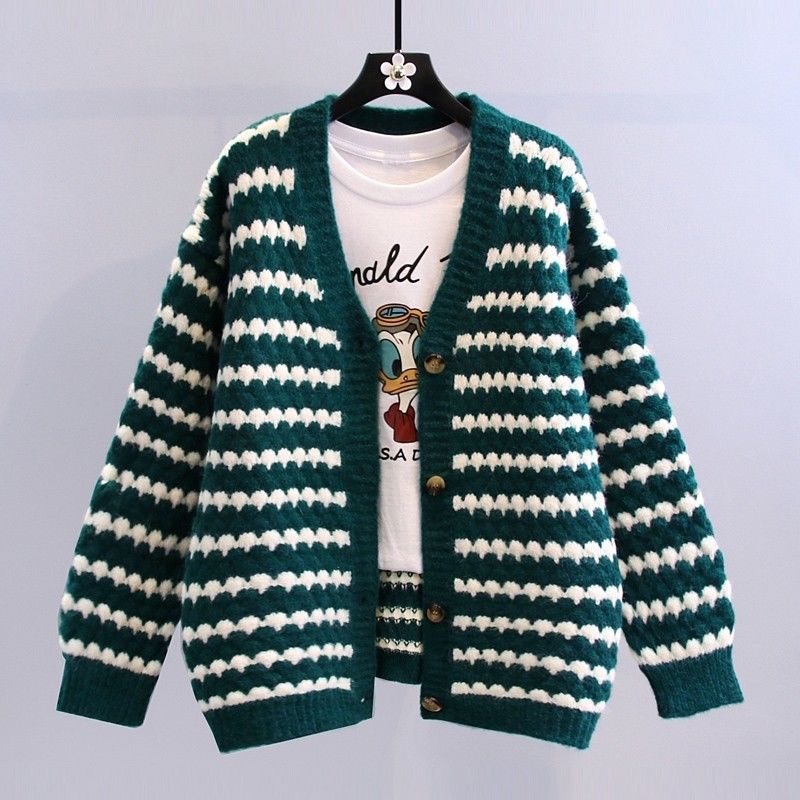 Autumn and Winter New Retro Style Fashionable Jacket Women's V-Neck Lazy Contrast Stripesd Sweater Knitted Cardigan Top