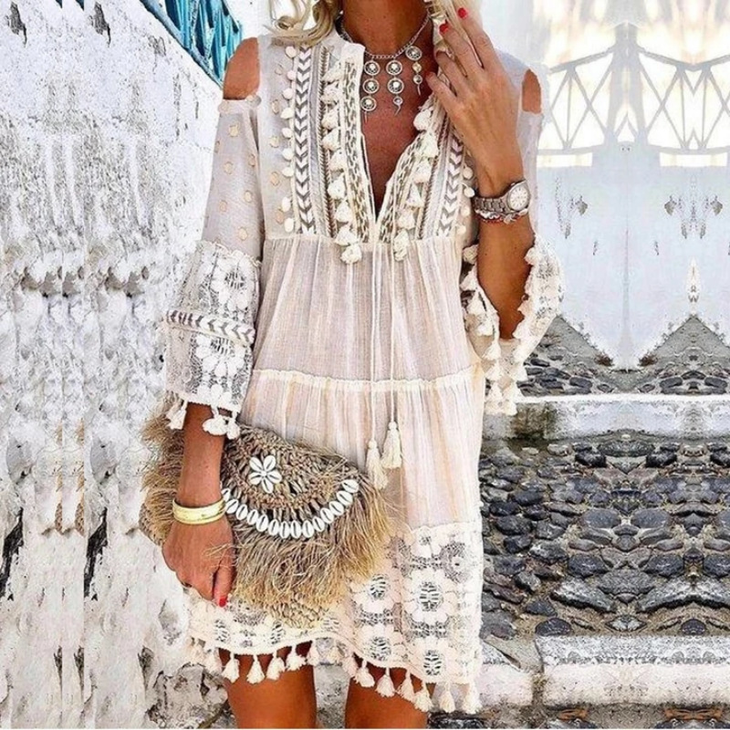 Women's Boho Dress Ethnic Style V Neck Tassel Hollow Out 3/4 Length Sleeve Solid Color Above Knee Travel display picture 3
