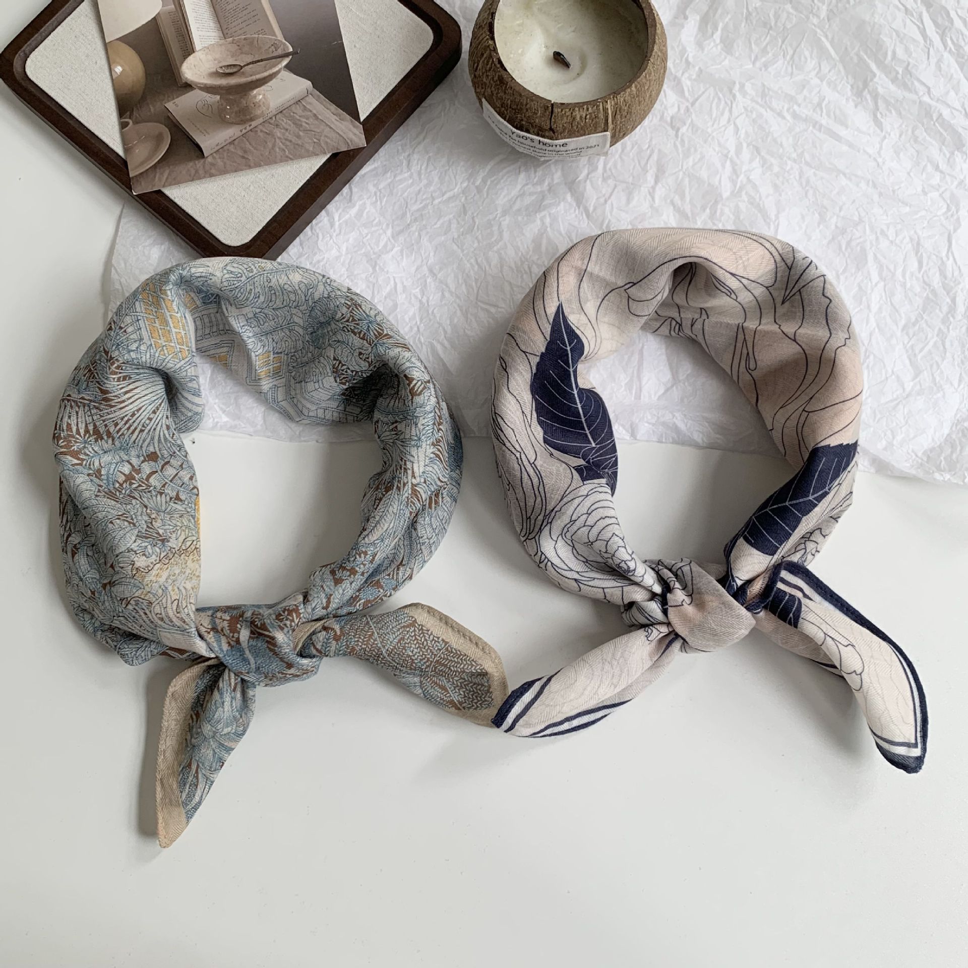 Elegant Silk And Linen Square Scarf With White Rose Pattern Design_voghion.com