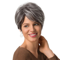 速賣通假髮女歐美時尚短直發黑白染色混色化纖短髮全頭套廠家直銷