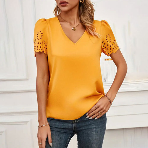 Women's Commute Burnout Lace Short Sleeve Top, V-Neck Pure Color T-Shirt for Spring and Summer