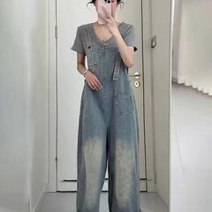 韩系感牛仔背带裤女装2025秋秋新款甜美休闲宽松阔腿长裤减龄