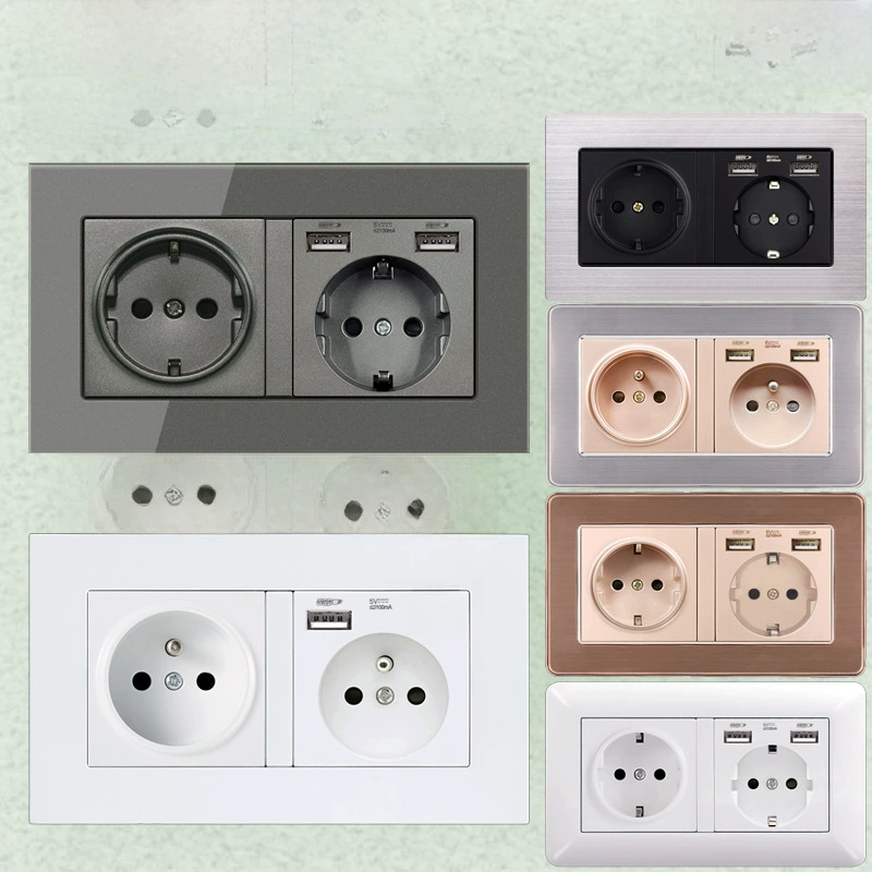 Dual European socket panel 16A, dual USB charging, multiple finishes (German/French, glass/metal)