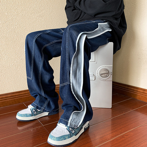 American street-style designed patchwork washed jeans for men and teenagers, drawstring front, loose straight-leg wide-leg pants
