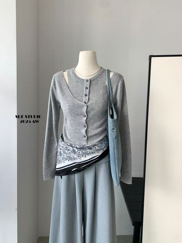 SUE十三行叠穿气质假两件针织衫女秋季新款韩系修身显瘦上衣37120|undefined
