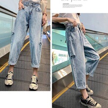 破洞设计感哈伦牛仔裤女夏季薄款宽松显瘦复古高腰直筒萝卜老爹裤