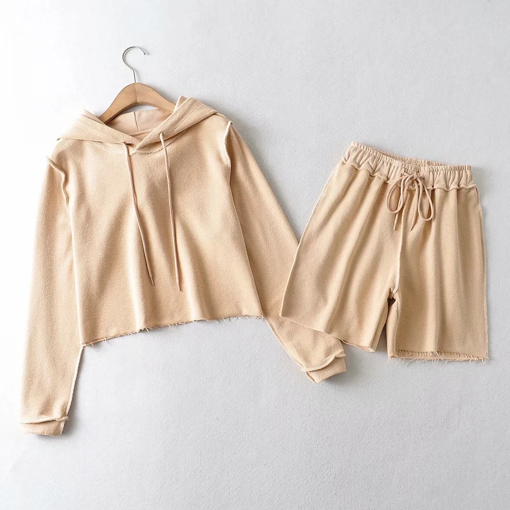 hooded sweatershirt elastic waist fray shorts suit NSHS46823