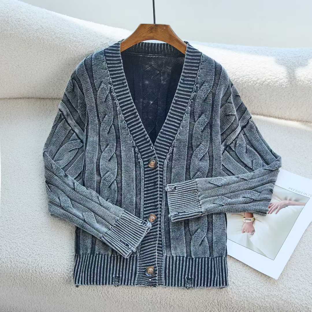 Coreano retro cuello redondo torcido de camisa de punto de mujer otoño y invierno nuevo estilo para hacer viejos agujeros suéter suelto chaqueta de mujer image 7