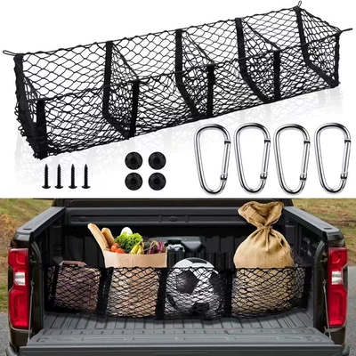 Pickup Truck Four-Grids Stereo Mesh Bag Off-Road Vehicle Trunk Four-Basket Luggage Mesh Storage Bag Multi-Functional Car Supplies (Car storage bag/box) - four-basket-nets-4-silver-and-white-carabiners-4-balls-4-screws-included-9030cm