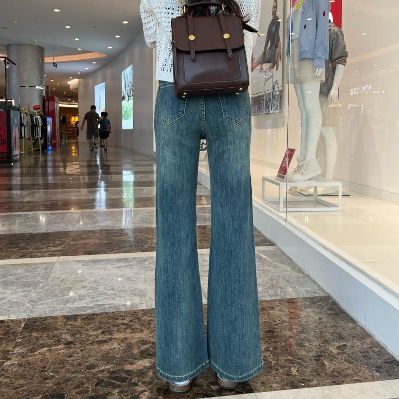 아메리칸 스타일 레트로 블루 씻은 마이크로 라 청바지 여성의 가을과 겨울 짧은 높은 허리 스트레이트 말굽 긴 바지