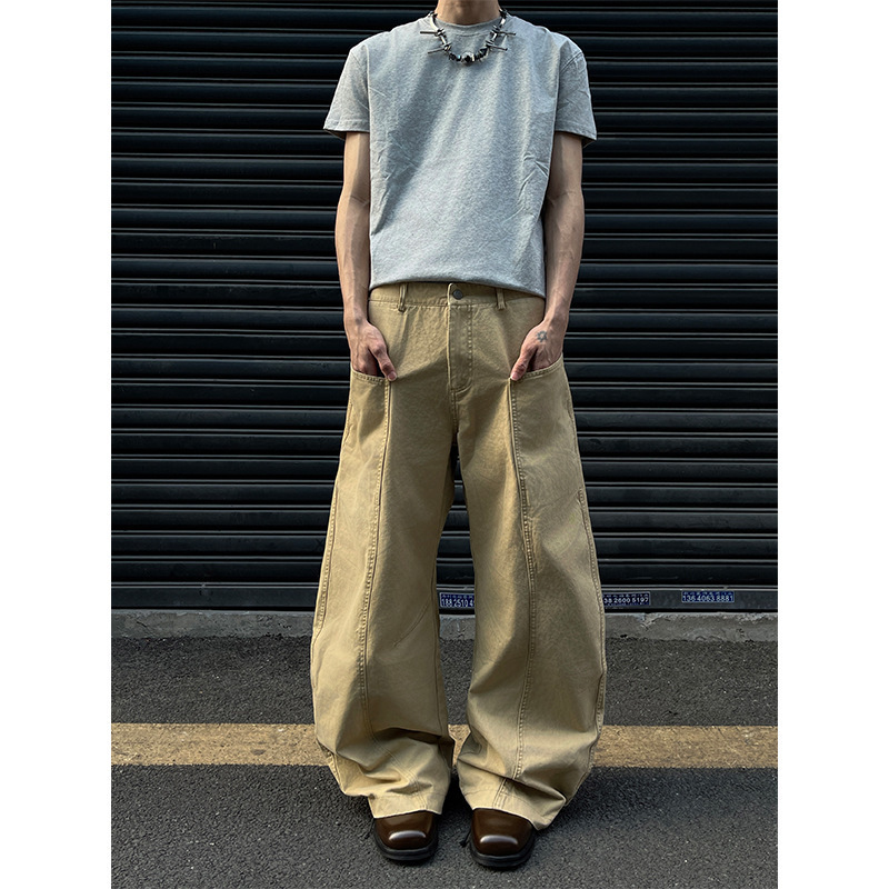 American Retro Khaki Deconstructed Cargo Pants Wide-Leg Loose Scimitar-Style Jeans Men's Solid Color Straight-Leg Pants