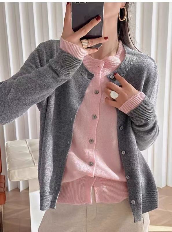 法式跨境春季新款撞色长袖时尚毛衣女外套软糯假两件针织开衫上衣|undefined