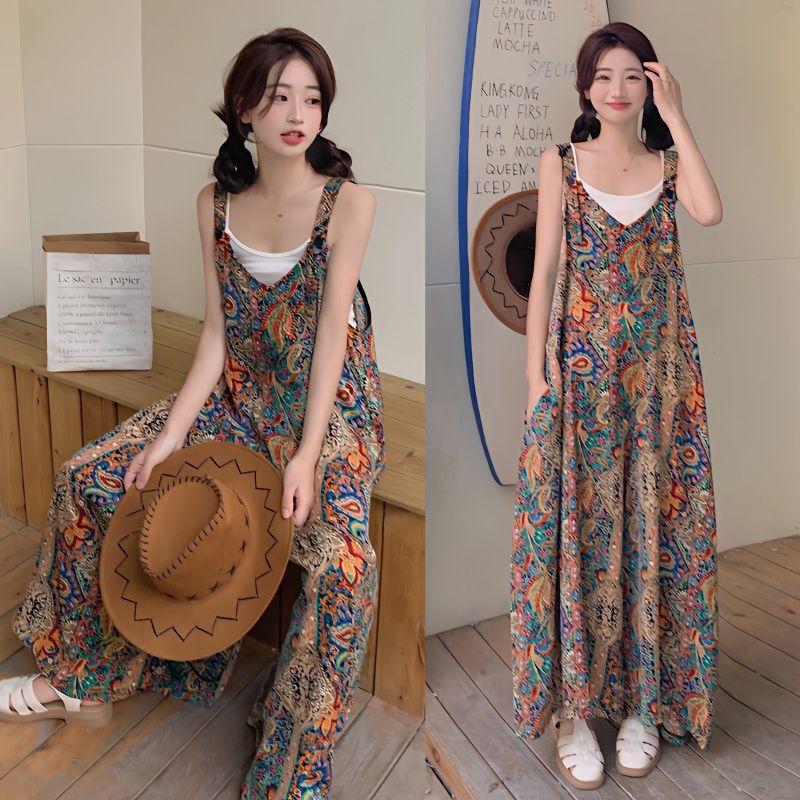 Plus size loose casual lazy style suspender jumpsuit women's summer fat color suspender wide-leg pants