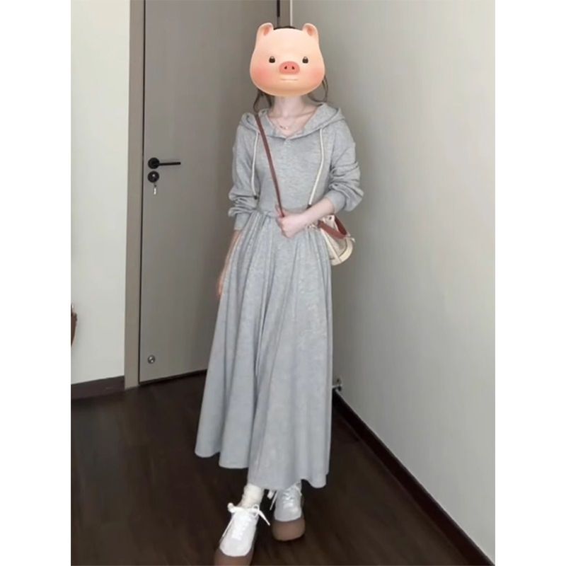 秋冬加绒加厚学院风灰色连帽卫衣连衣裙女小个子气质收腰显瘦裙子|undefined