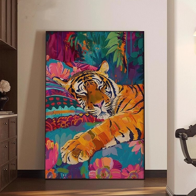 法式多巴胺慵懒老虎简约现代办公室装饰画高级感酒店玄关客厅挂画|undefined